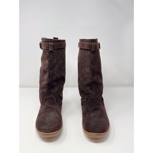 Coach Womens Boots Brown Maressa Suede Mid Calf Monogram Logo Buckle US 7.5 B - Picture 2 of 10